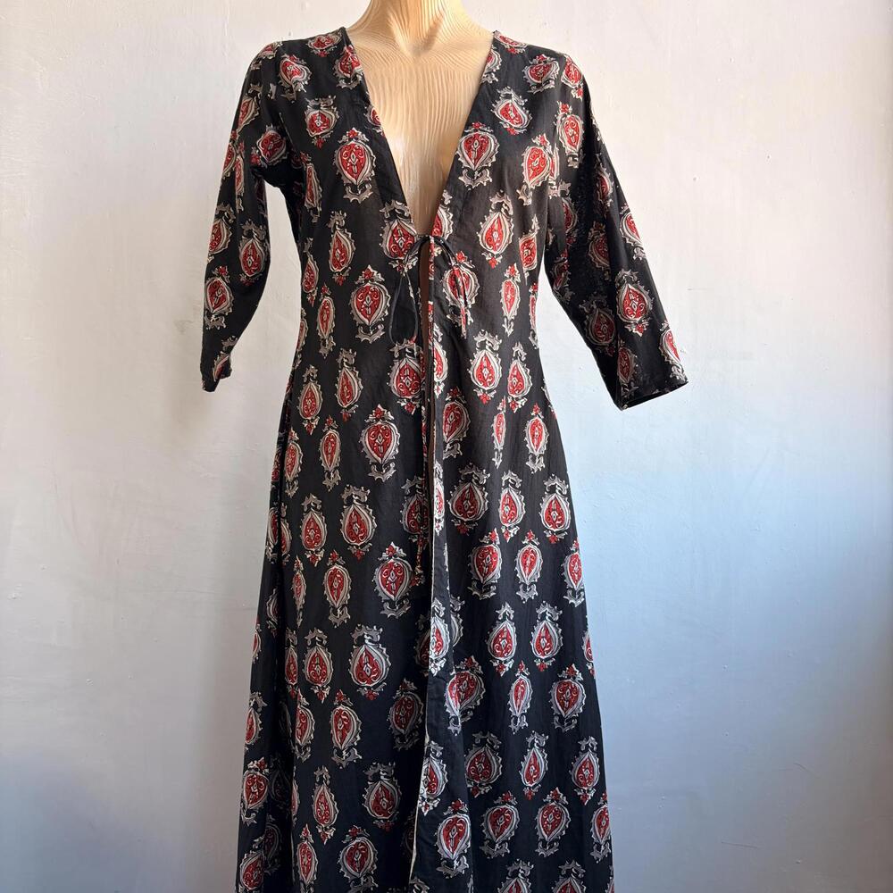 Libas Women Boho Paisley Ethnic Tie Front Midi Dress Black Red Indie Cotton M